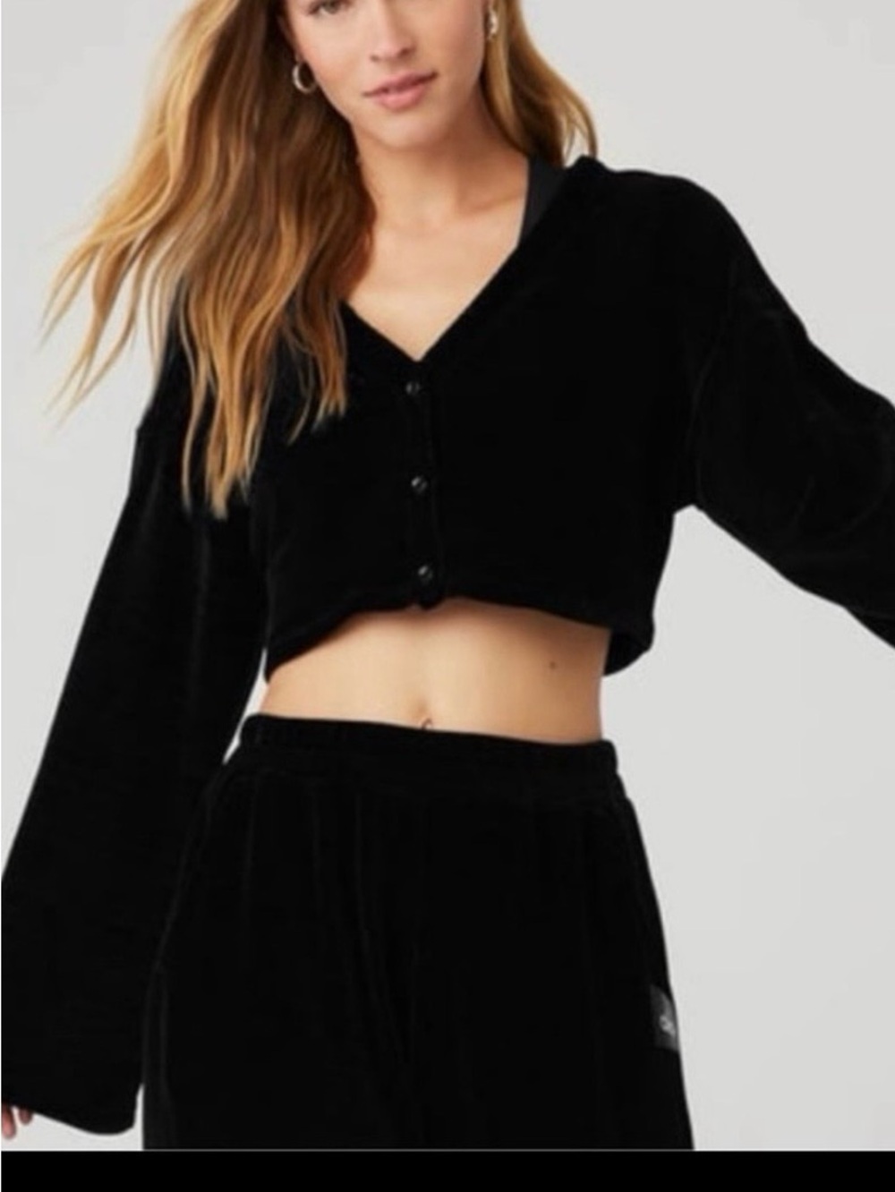 ALO Chenille Yoga Black Cropped Cardigan Wide-Leg Set